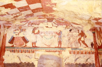 Wall Depicting Musicians, Dancers and Dolphins, from the Tomb of the Lionesses in the Necropolis, c.520 BC by Etruscan